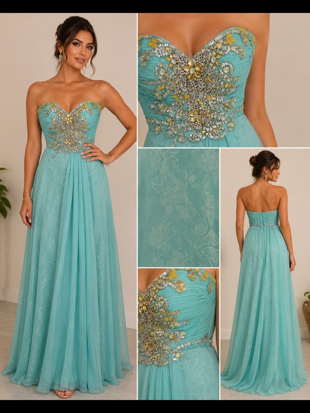 Temptations Turquoise Strapless Beaded Prom Gown - Picture 2 of 6